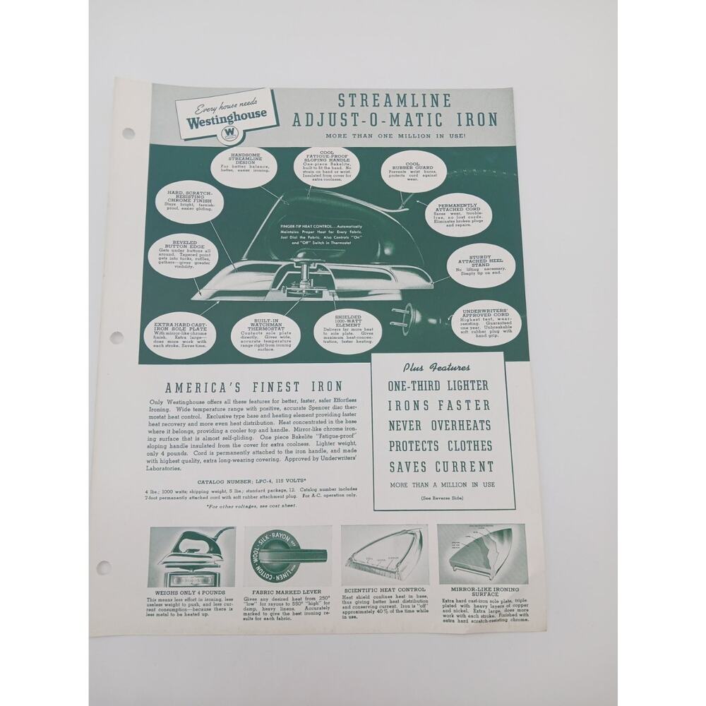 1940 Westinghouse Adjust O Matic Iron Appliance Brochure Flyer Vintage Ephemera